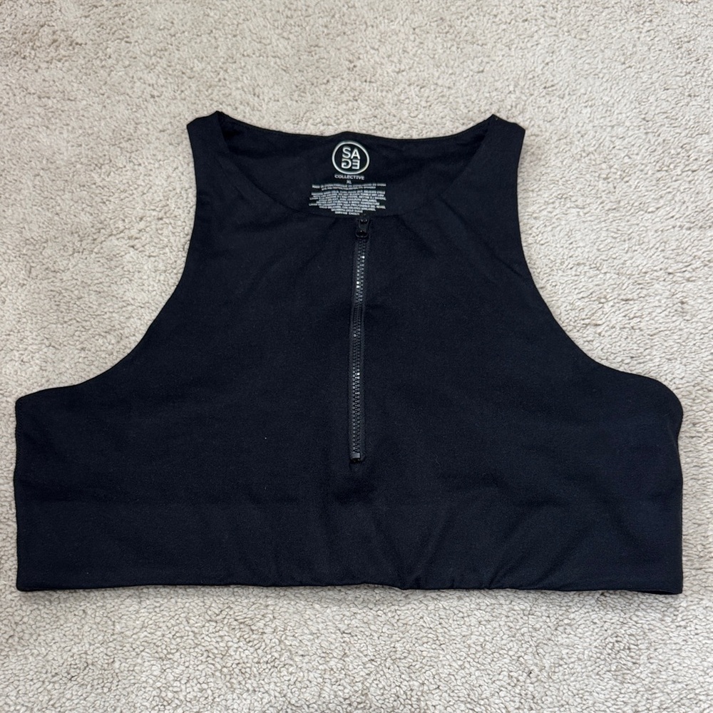 Sage Black Front-Zip High-Neck Crop Tank